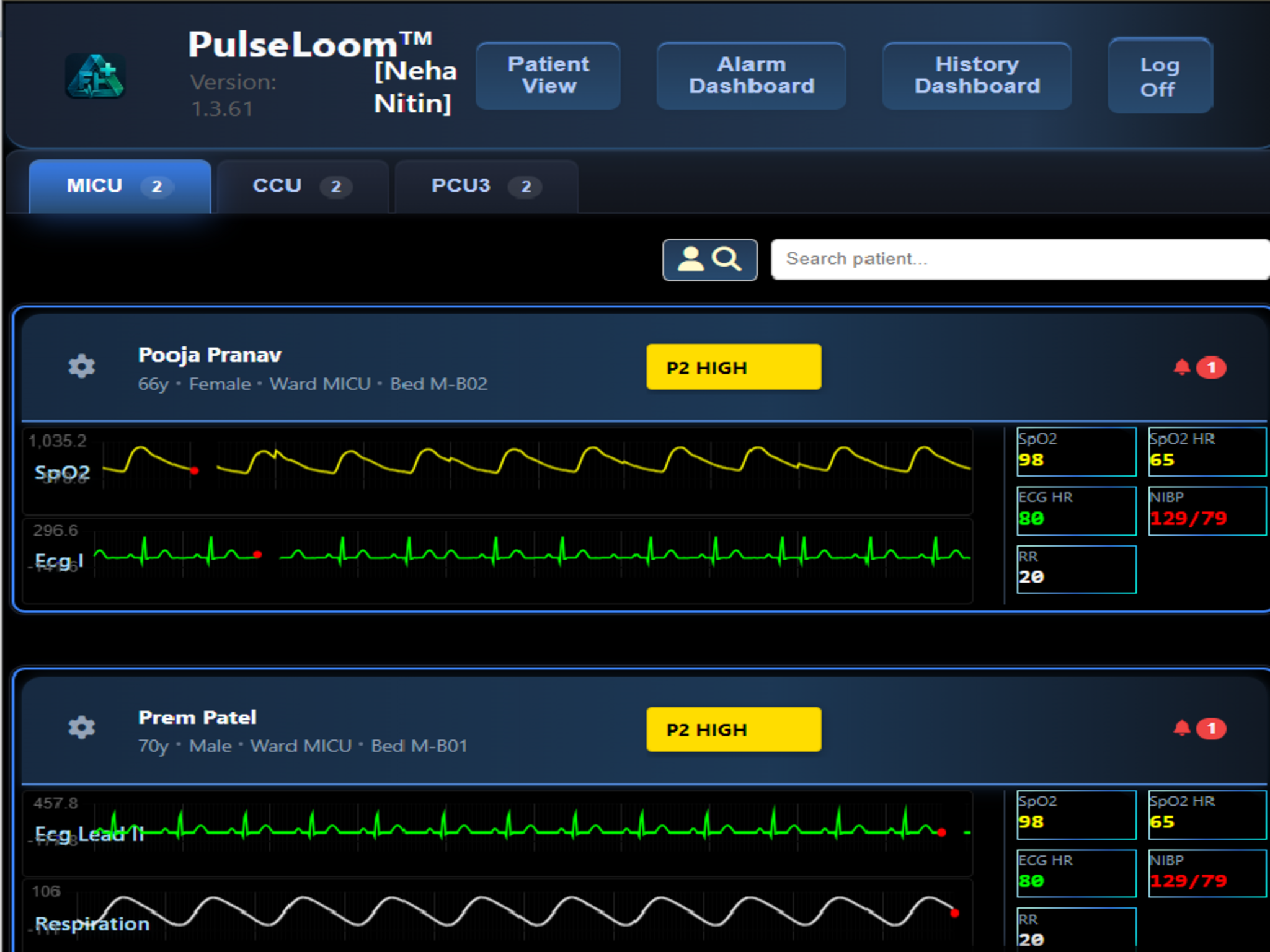 PulseLoom centralized monitoring dashboard – multi‑bed view